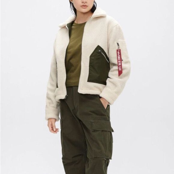 ALPHA INDUSTRIES Ivory & Green Sherpa Fleece Full Zip Cropped Jacket Size Small - Picture 7 of 7
